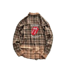 False Perception Tongue Logo Brown Plaid Shirt