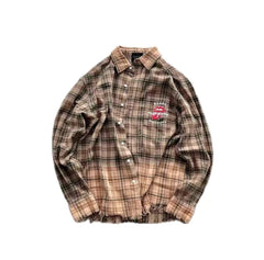 False Perception Tongue Logo Brown Plaid Shirt