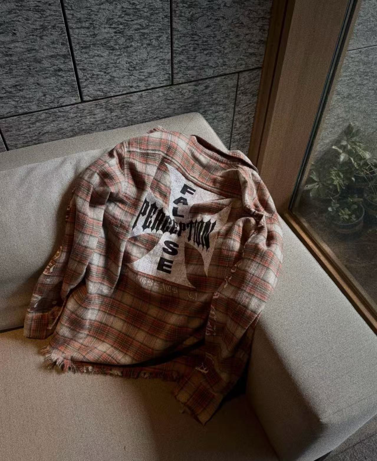 False Perception Cross Logo Brown Plaid Shirt