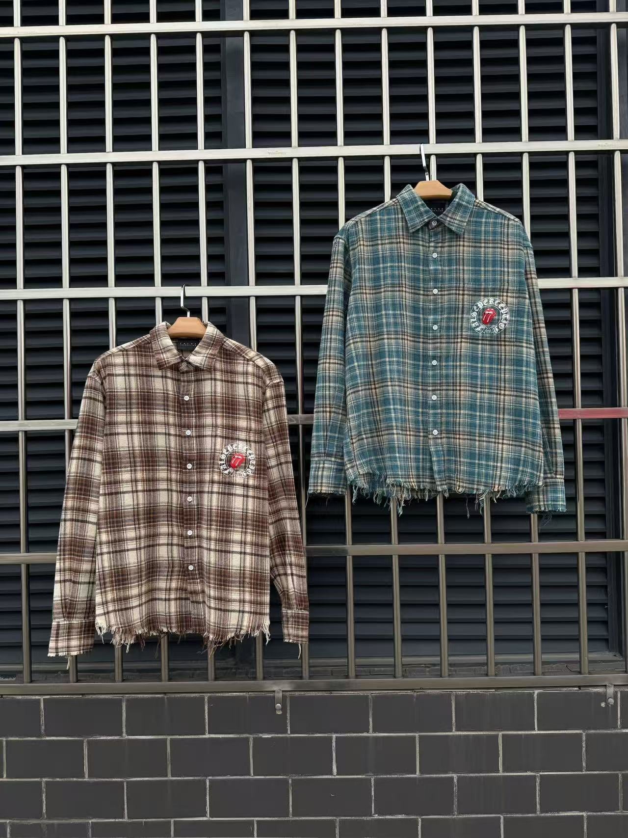 False Perception Tongue Logo Green Plaid Shirt