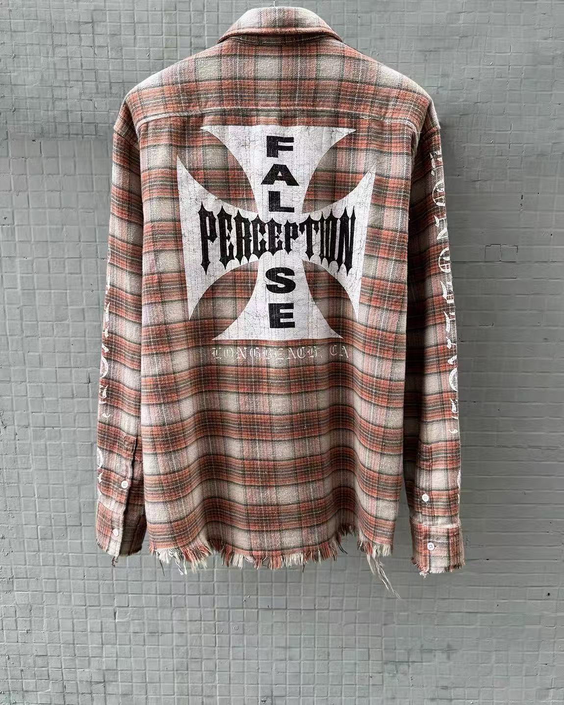 False Perception Cross Logo Brown Plaid Shirt