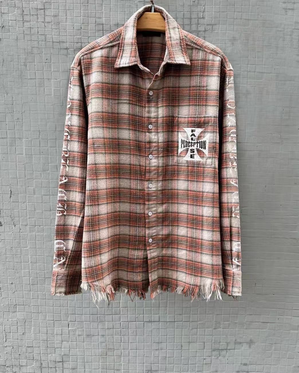False Perception Cross Logo Brown Plaid Shirt