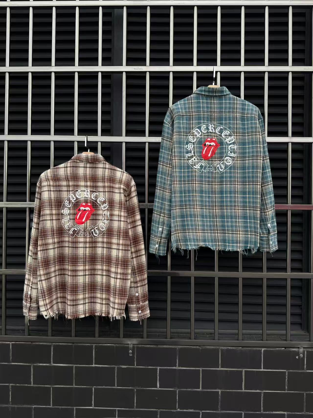 False Perception Tongue Logo Green Plaid Shirt