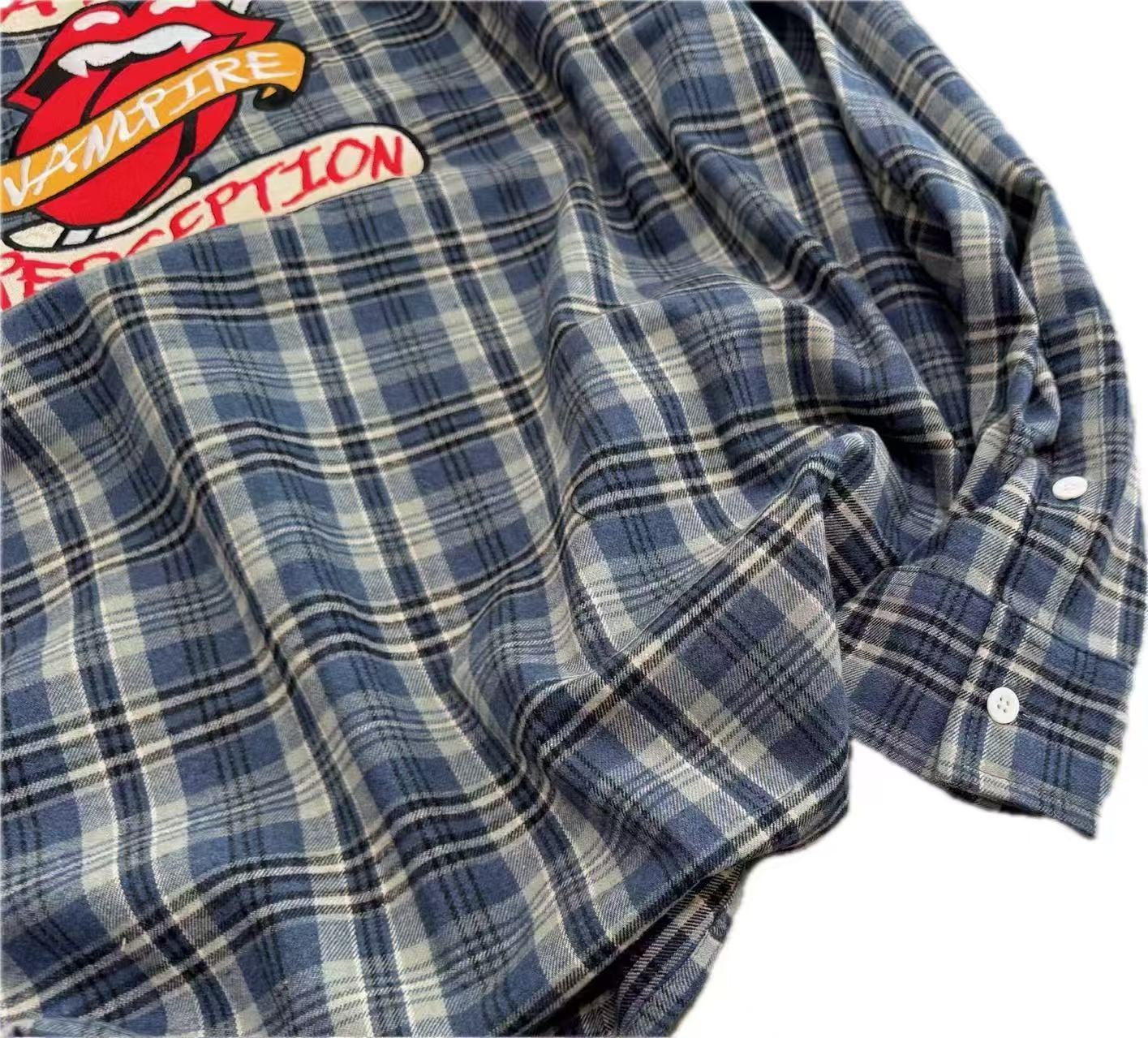 False Perception Vampire Tongue Blue Plaid Shirt