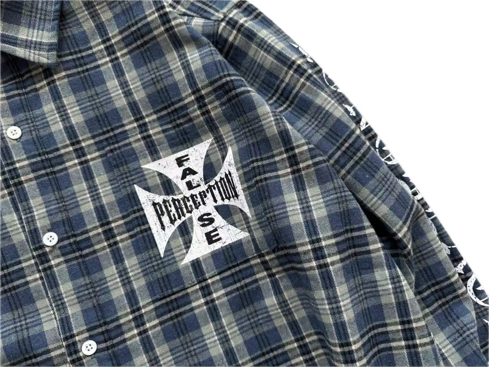 False Perception Cross Plaid Long‑Sleeve Shirt