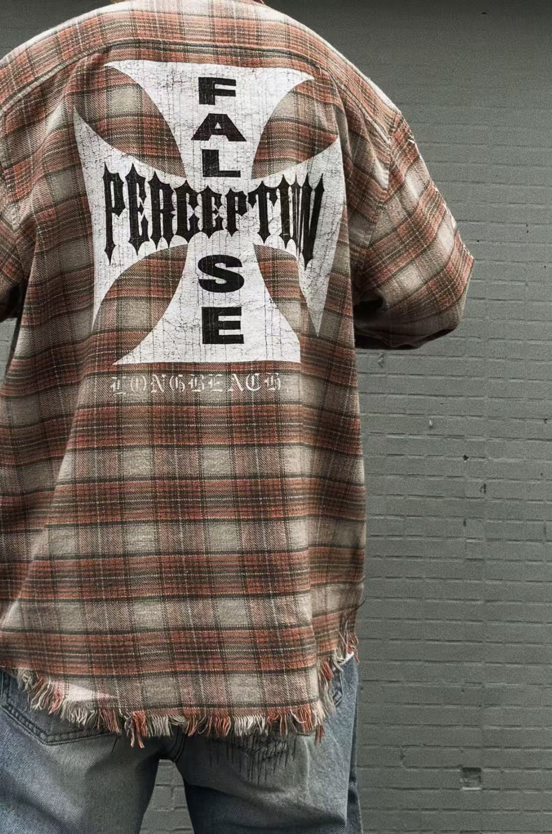 False Perception Cross Logo Brown Plaid Shirt