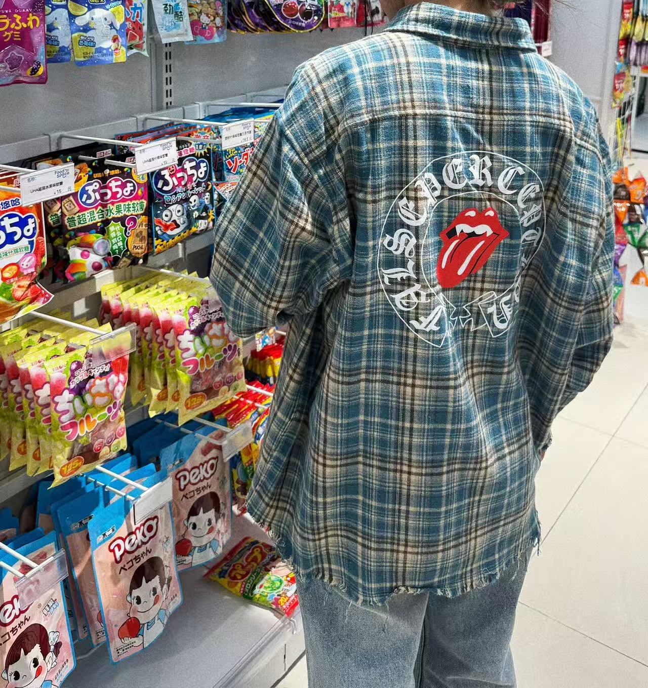 False Perception Tongue Logo Green Plaid Shirt