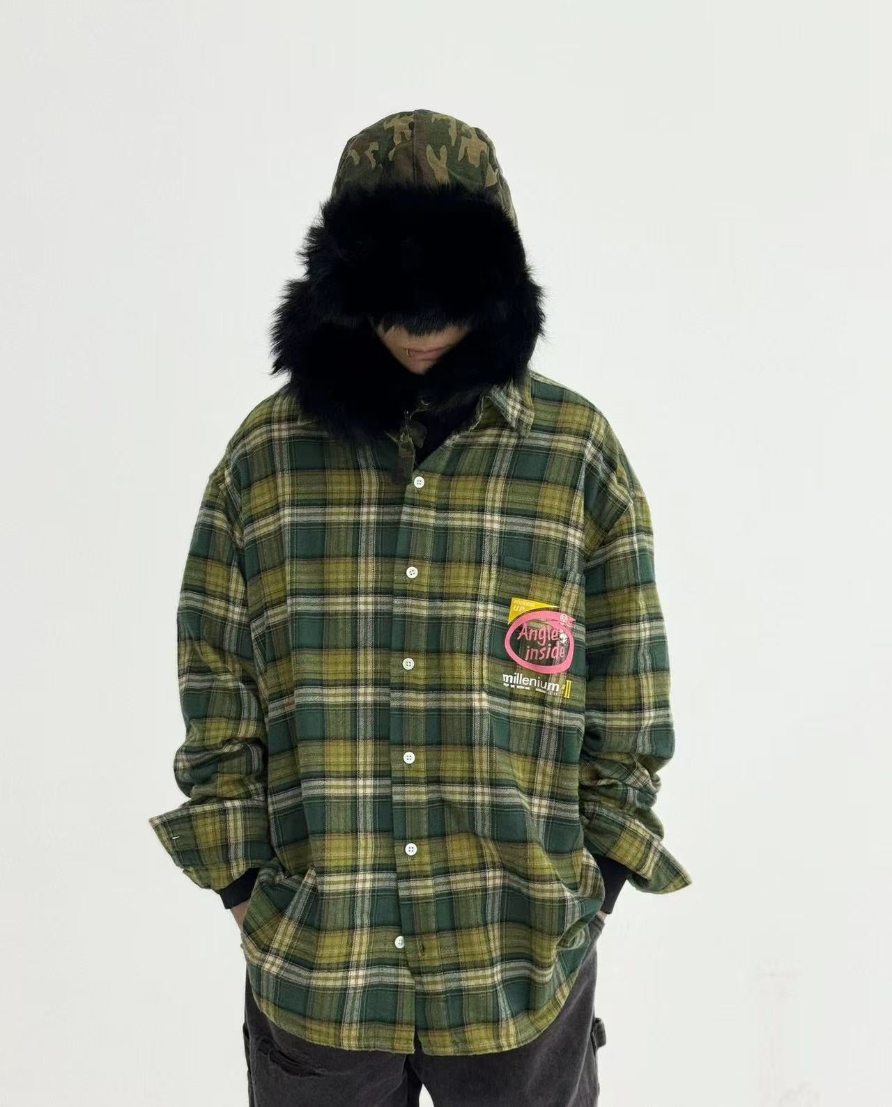 False Perception Angle Inside Green Plaid Shirt