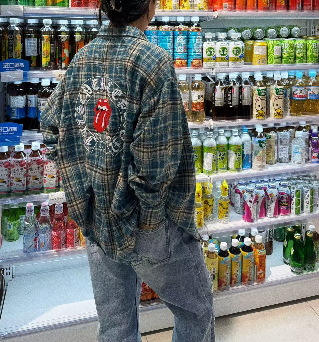 False Perception Tongue Logo Green Plaid Shirt