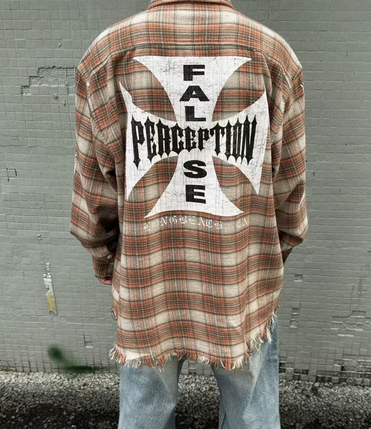 False Perception Cross Logo Brown Plaid Shirt