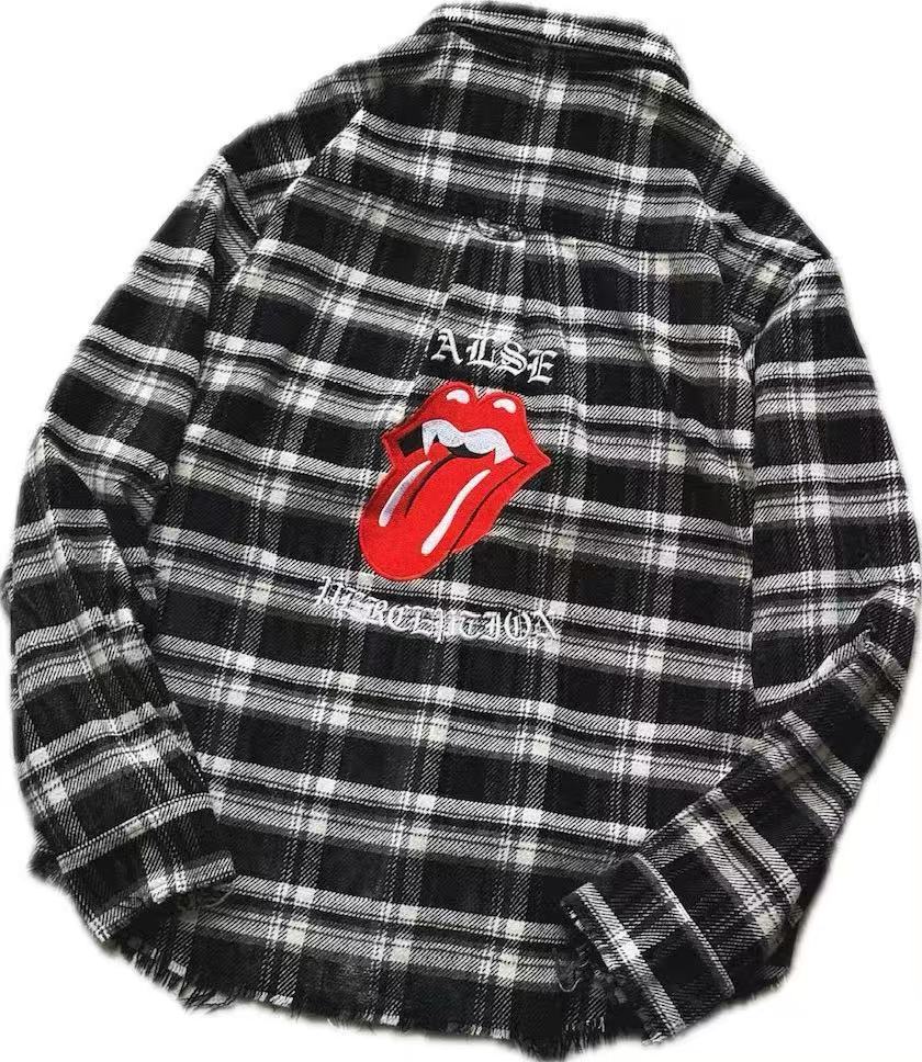 False Perception Tongue Logo Black‑White Plaid Shirt