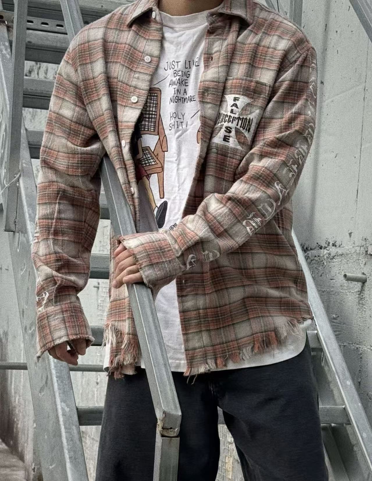 False Perception Cross Logo Brown Plaid Shirt