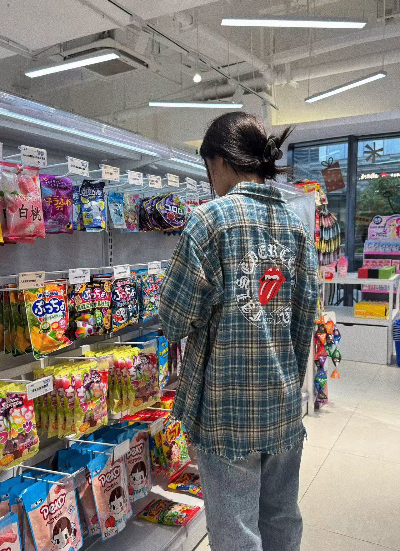 False Perception Tongue Logo Green Plaid Shirt