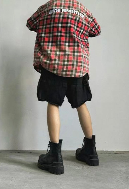 False Perception Smiley Red Plaid Shirt