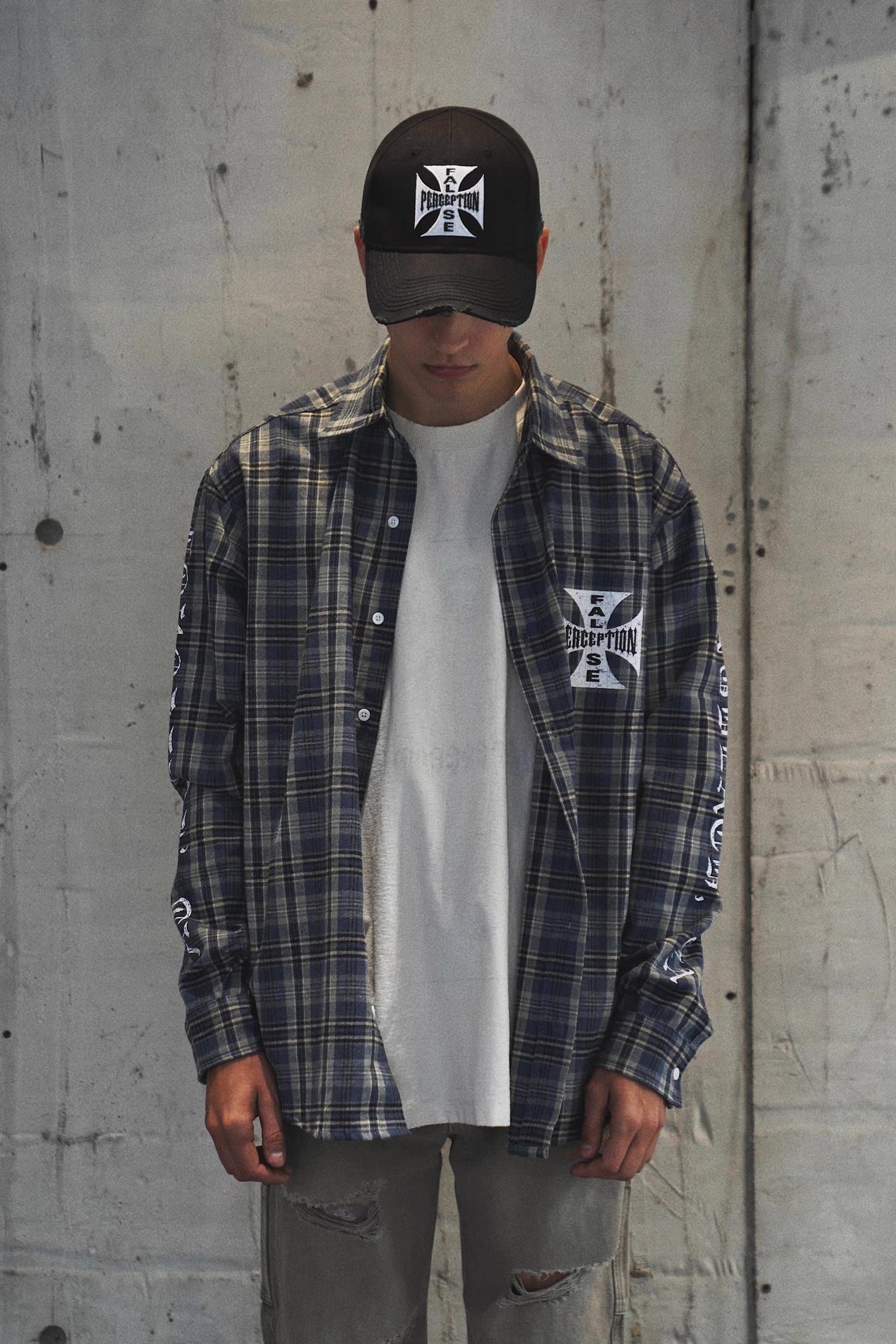 False Perception Cross Plaid Long‑Sleeve Shirt