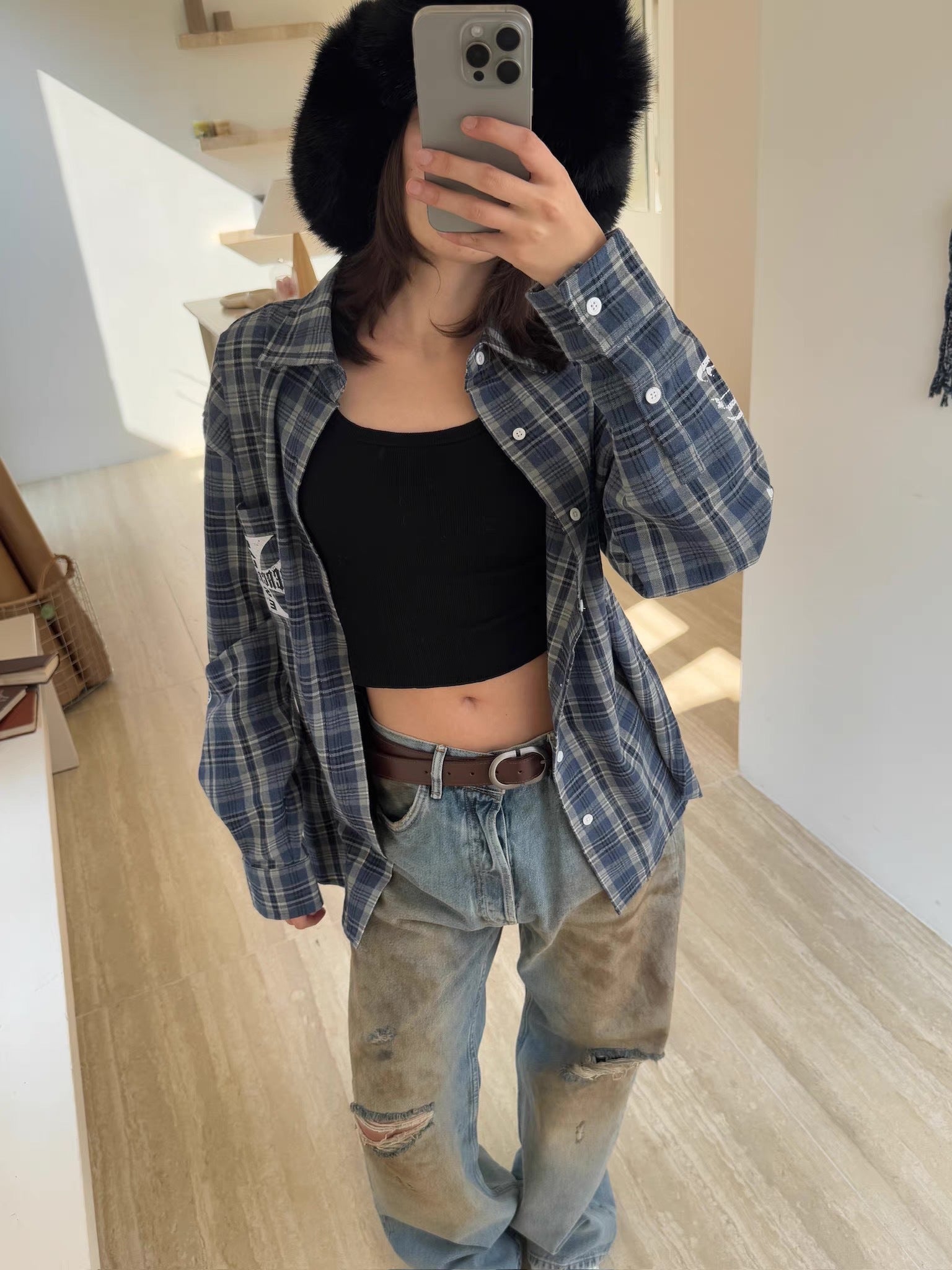 False Perception Cross Plaid Long‑Sleeve Shirt
