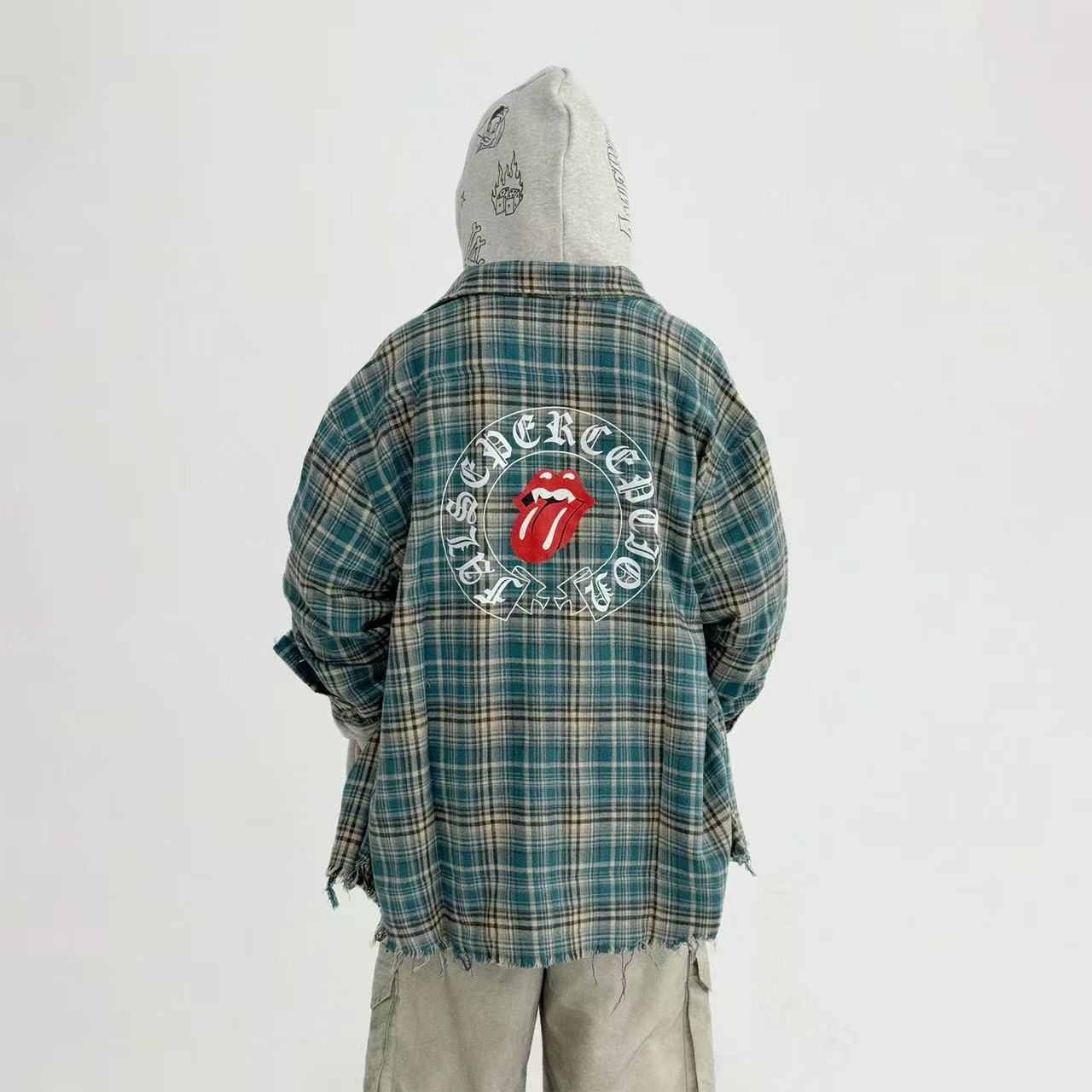 False Perception Tongue Logo Green Plaid Shirt