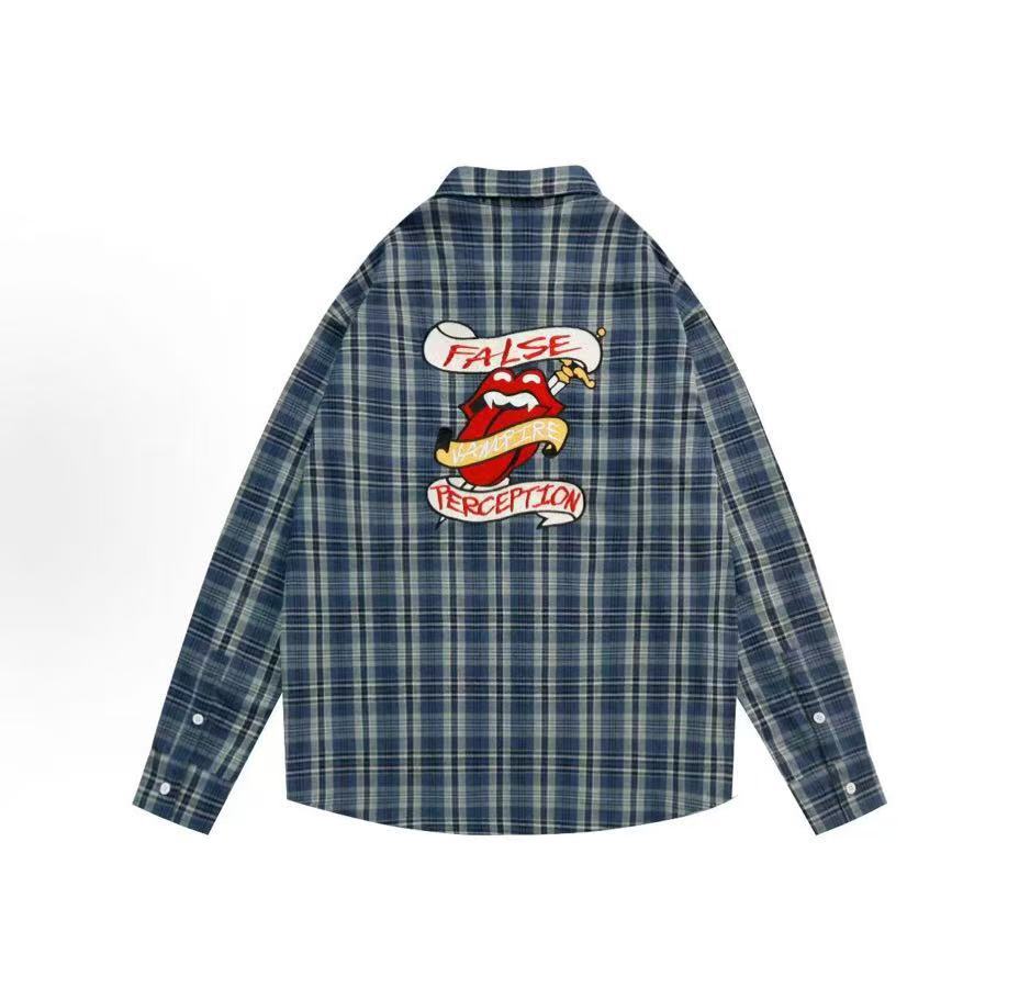 False Perception Vampire Tongue Blue Plaid Shirt