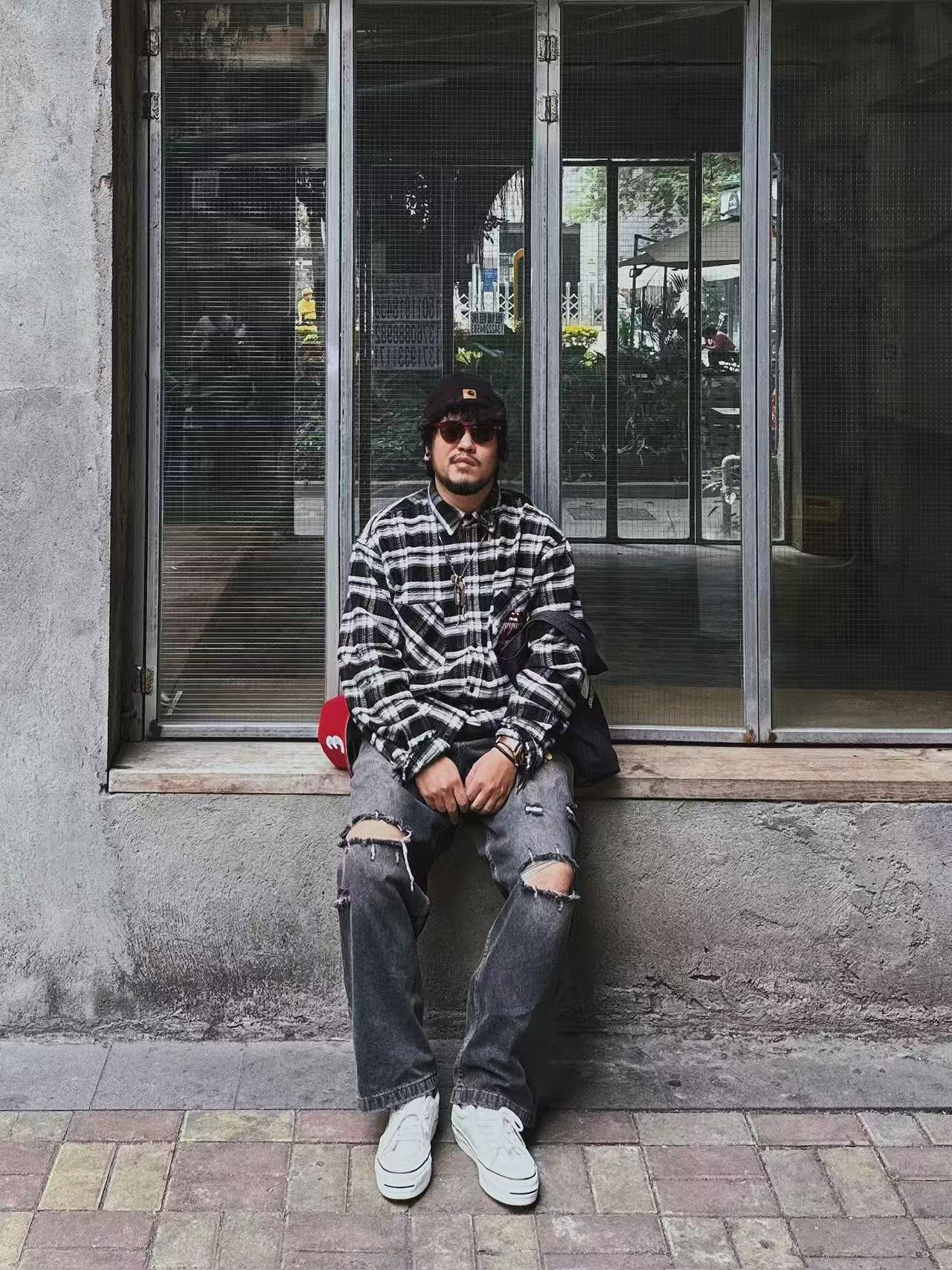 False Perception Tongue Logo Black‑White Plaid Shirt