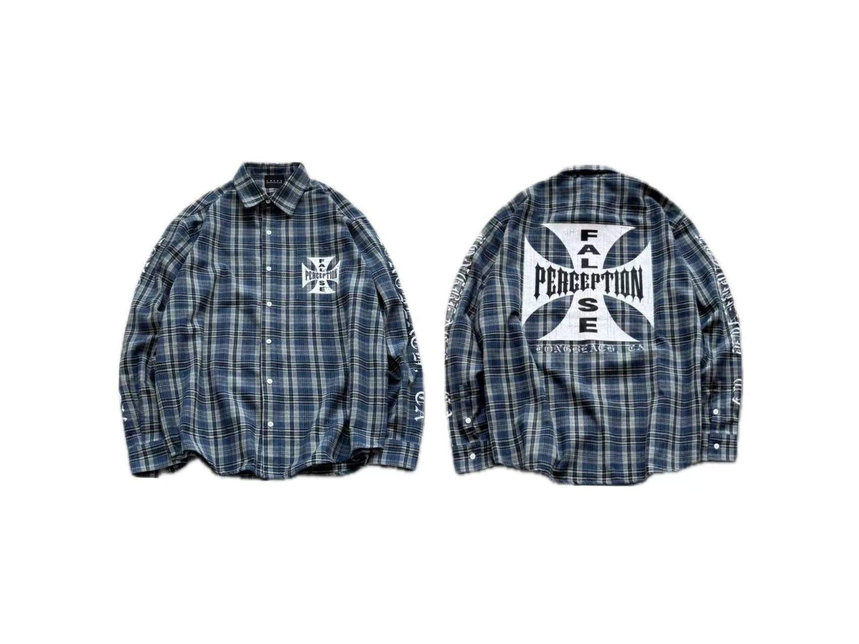 False Perception Cross Plaid Long‑Sleeve Shirt