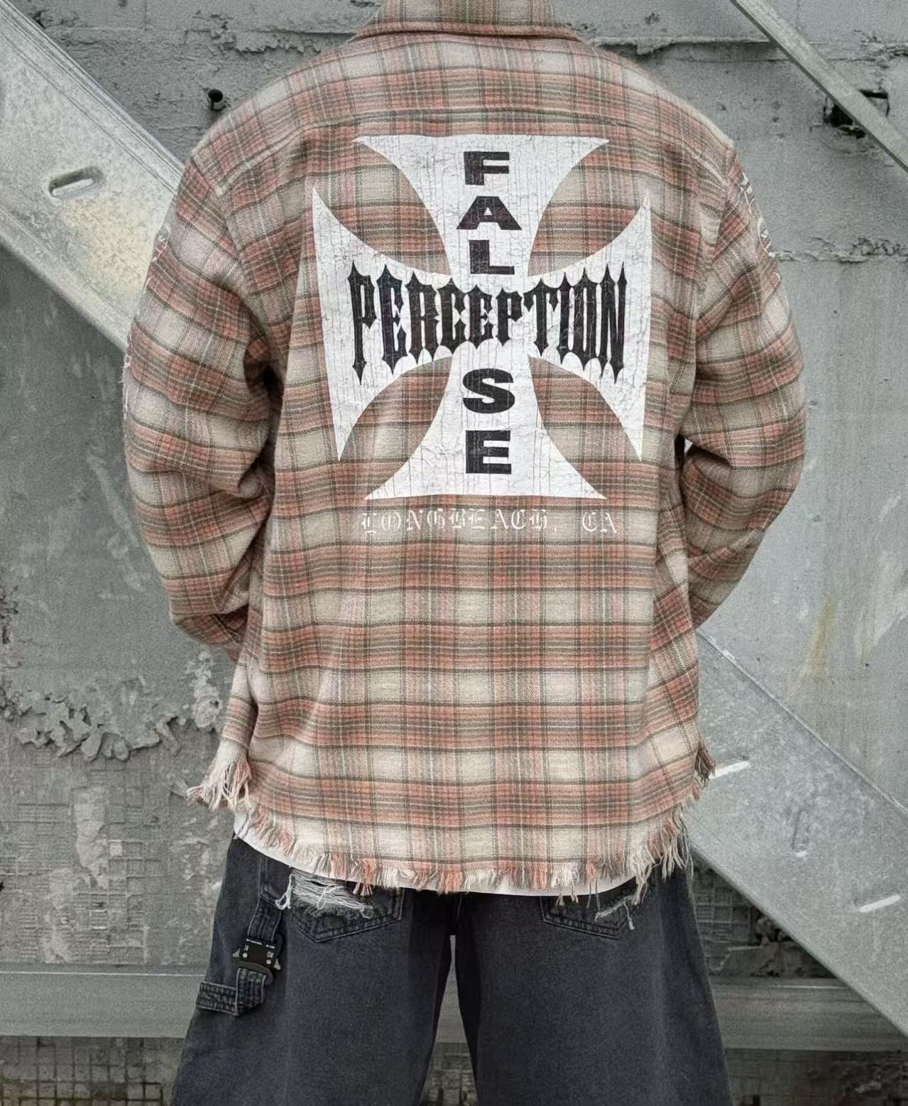 False Perception Cross Logo Brown Plaid Shirt