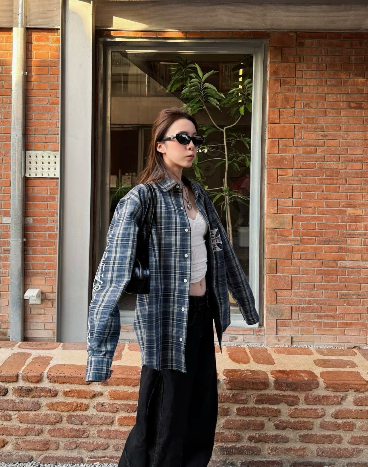 False Perception Cross Plaid Long‑Sleeve Shirt