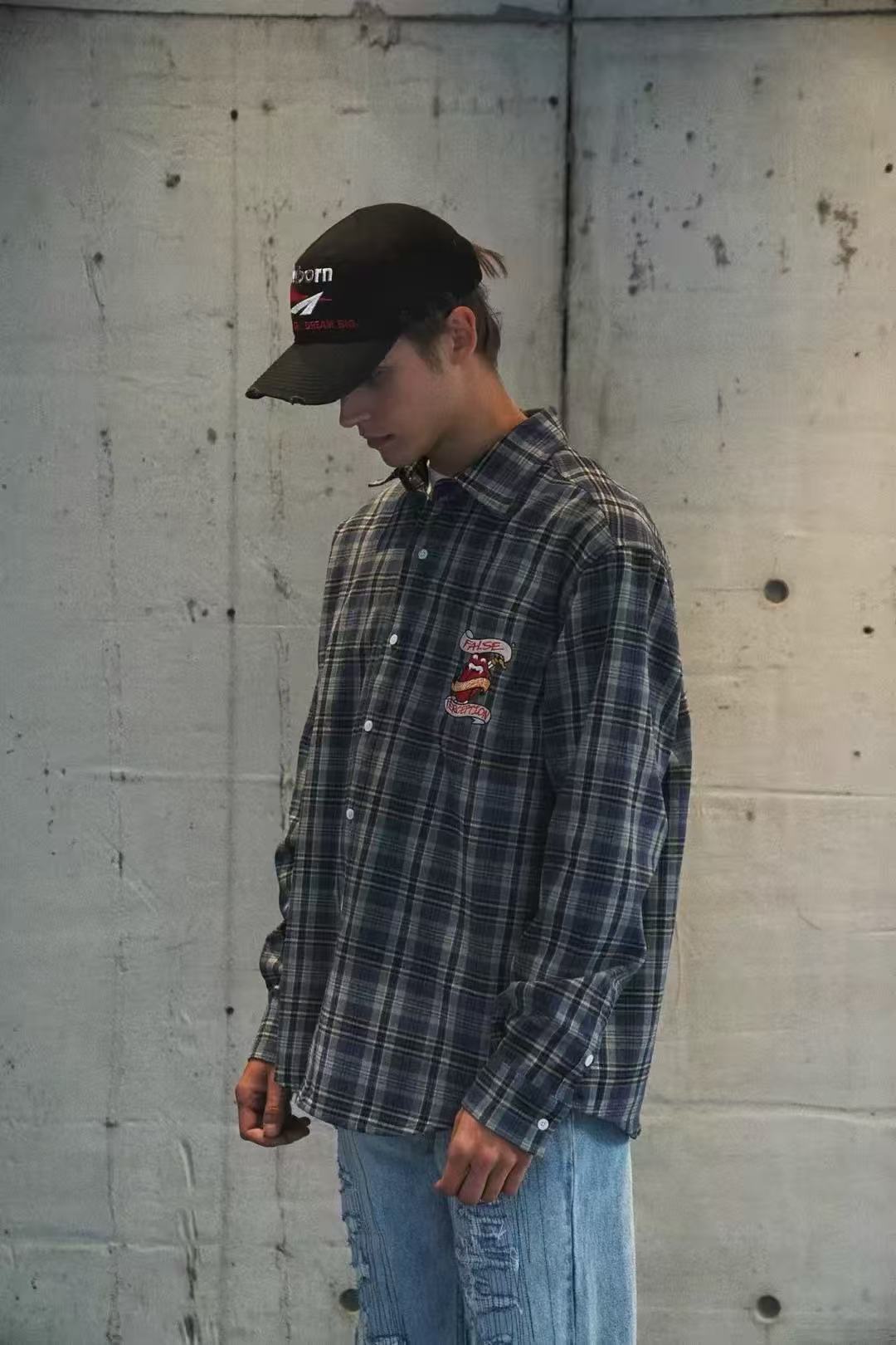 False Perception Vampire Tongue Blue Plaid Shirt