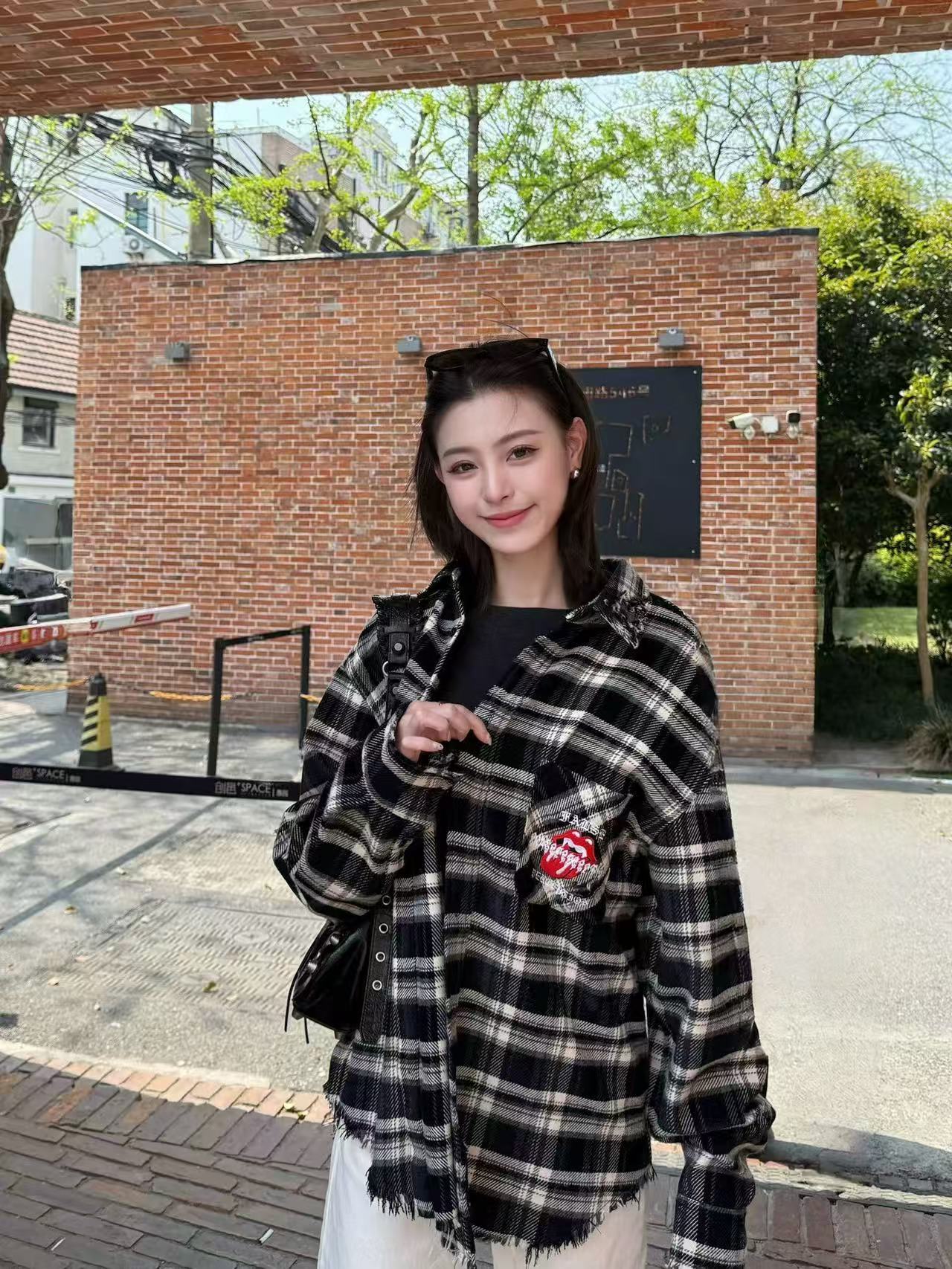 False Perception Tongue Logo Black‑White Plaid Shirt