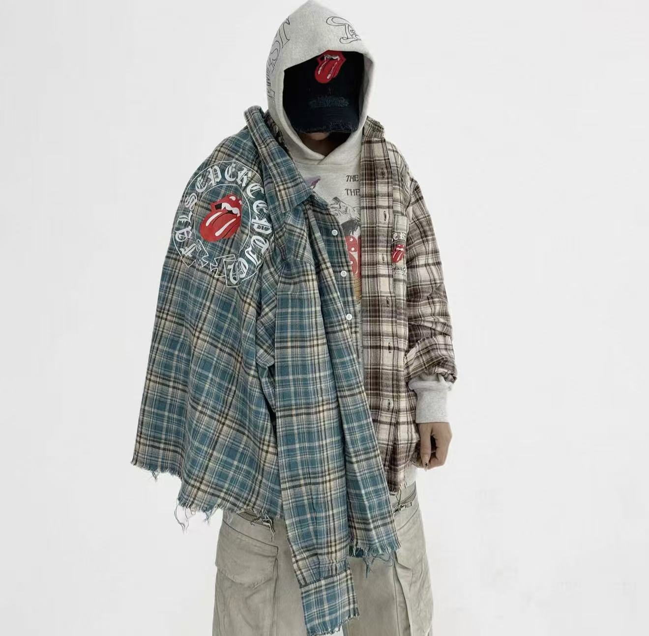 False Perception Tongue Logo Green Plaid Shirt