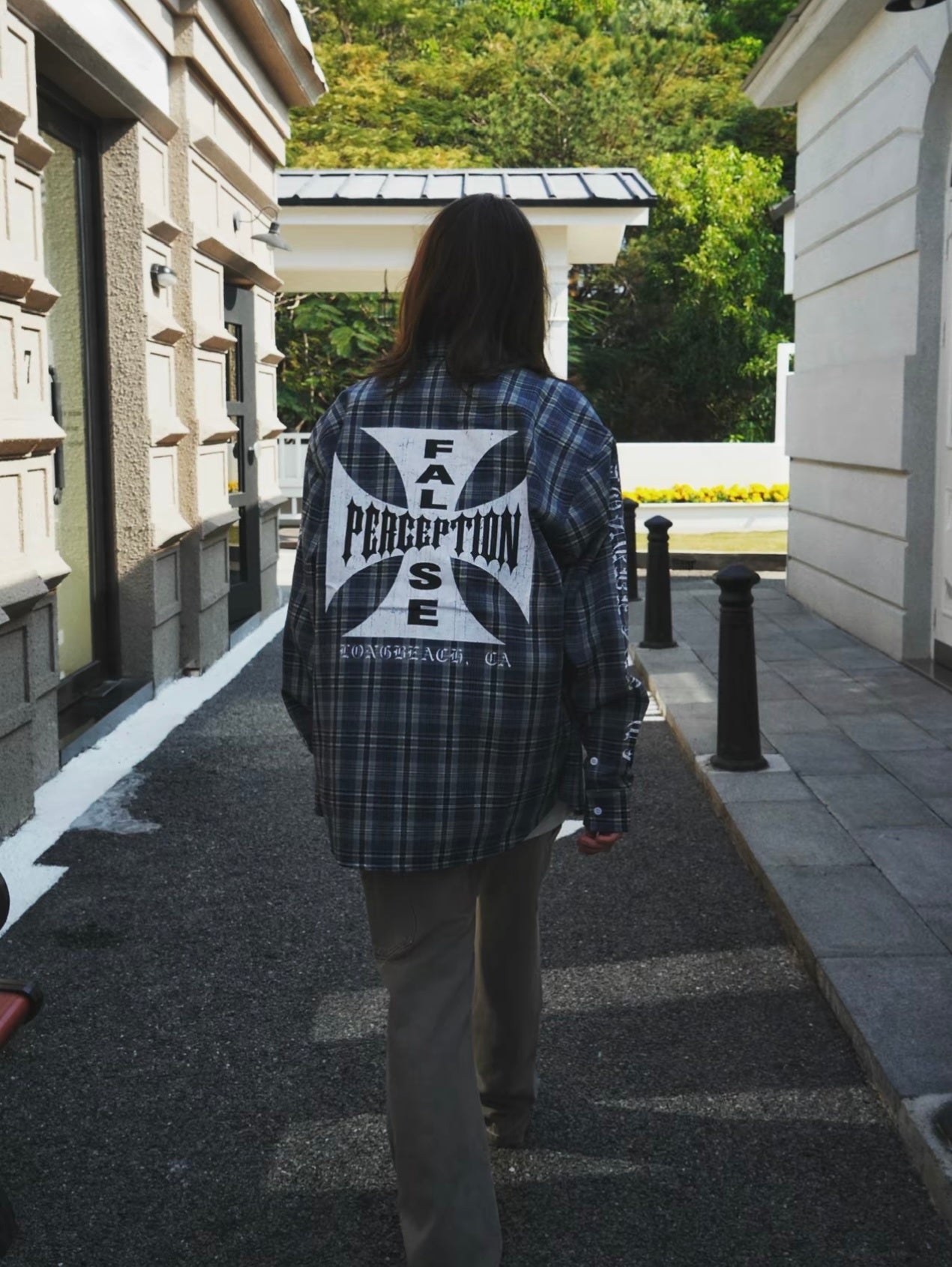 False Perception Cross Plaid Long‑Sleeve Shirt