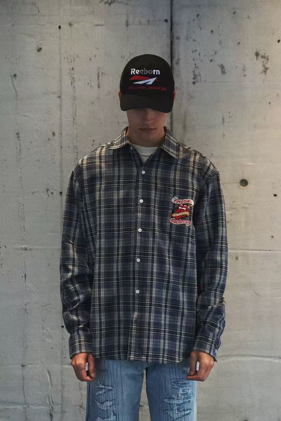 False Perception Vampire Tongue Blue Plaid Shirt