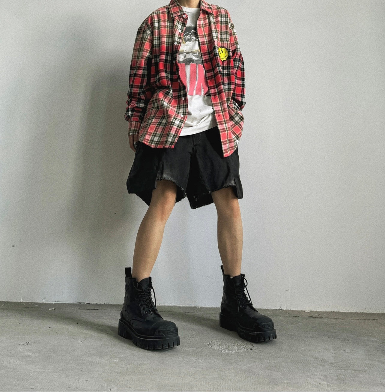 False Perception Smiley Red Plaid Shirt