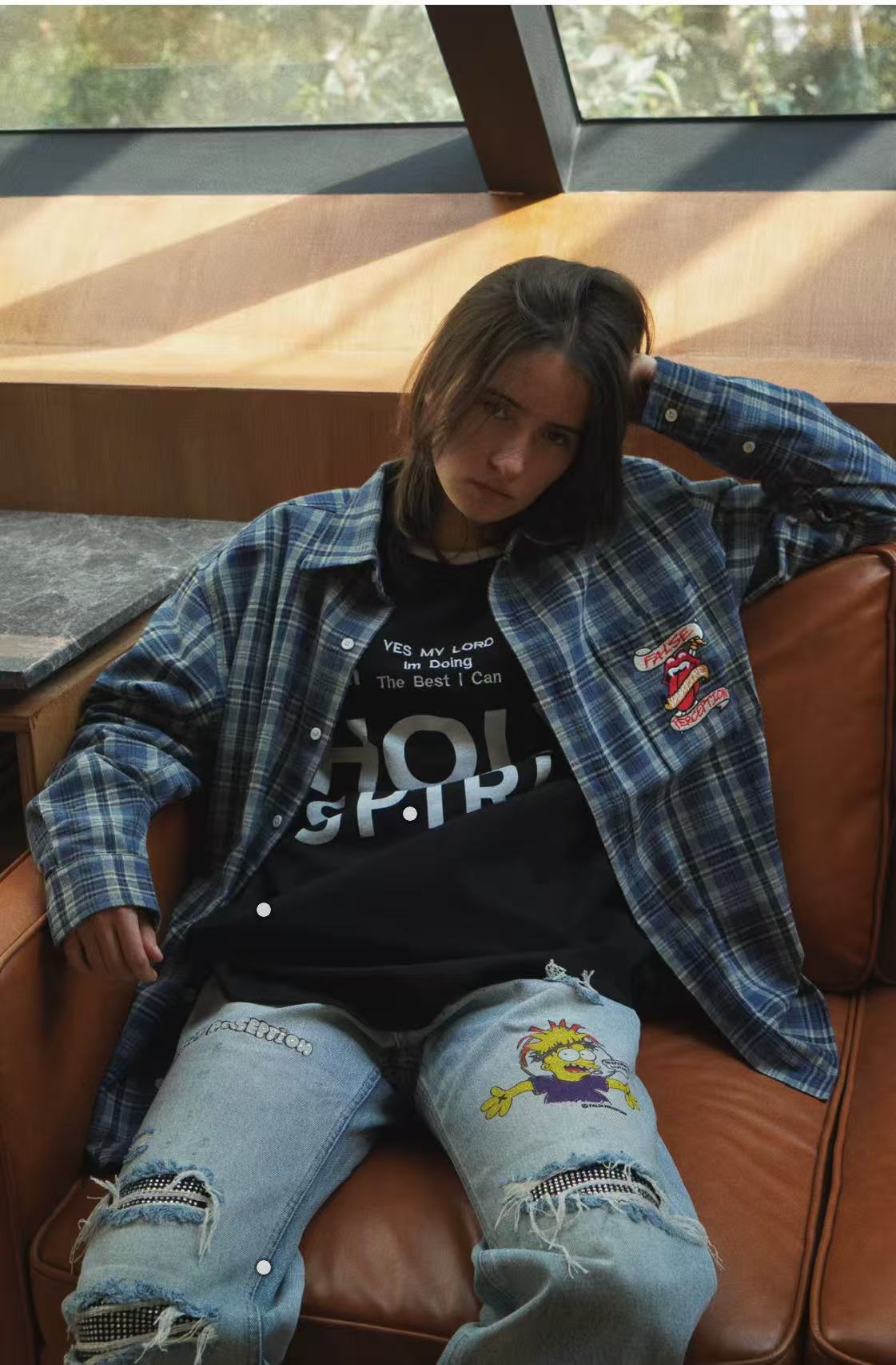 False Perception Vampire Tongue Blue Plaid Shirt