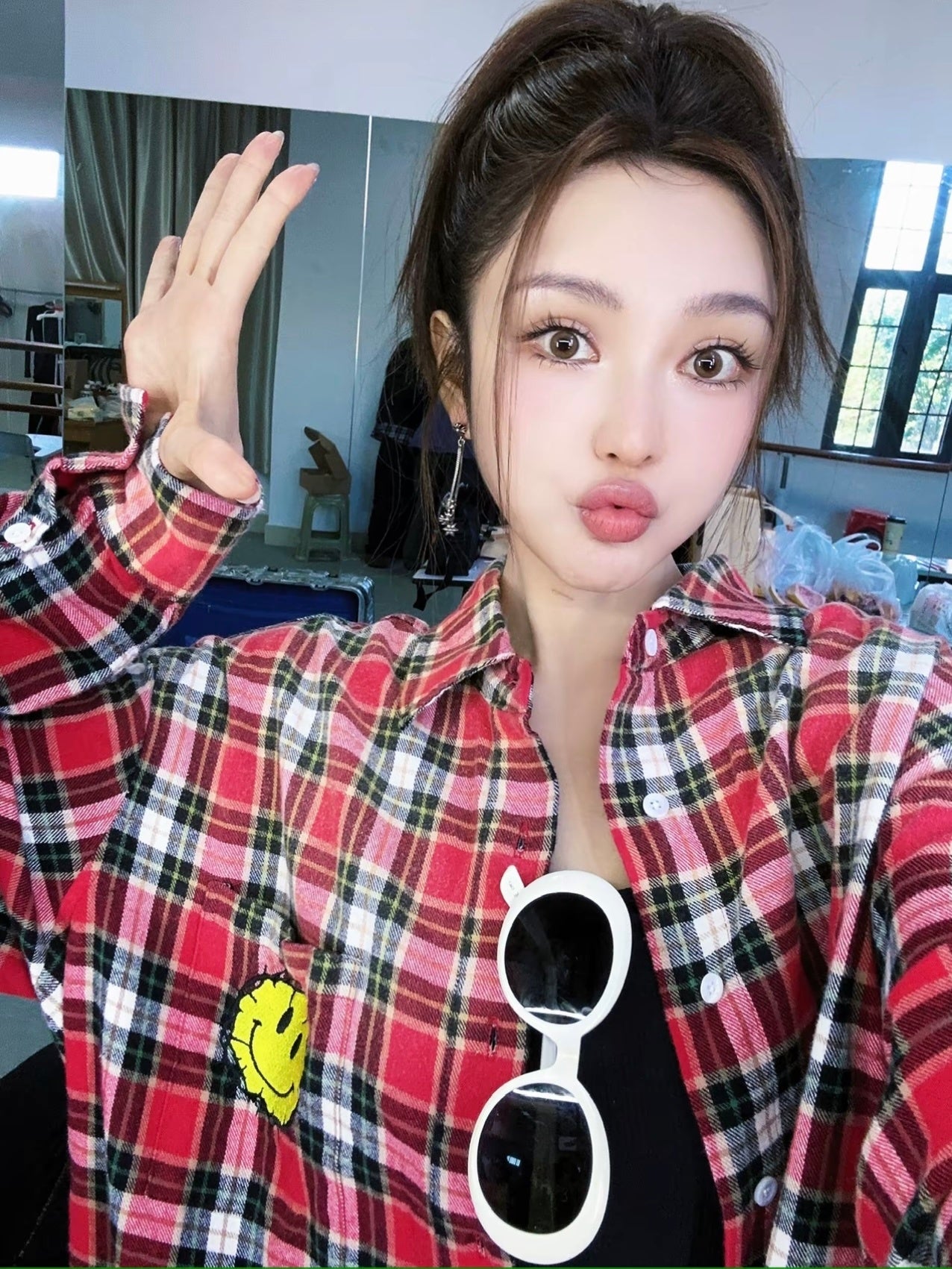 False Perception Smiley Red Plaid Shirt