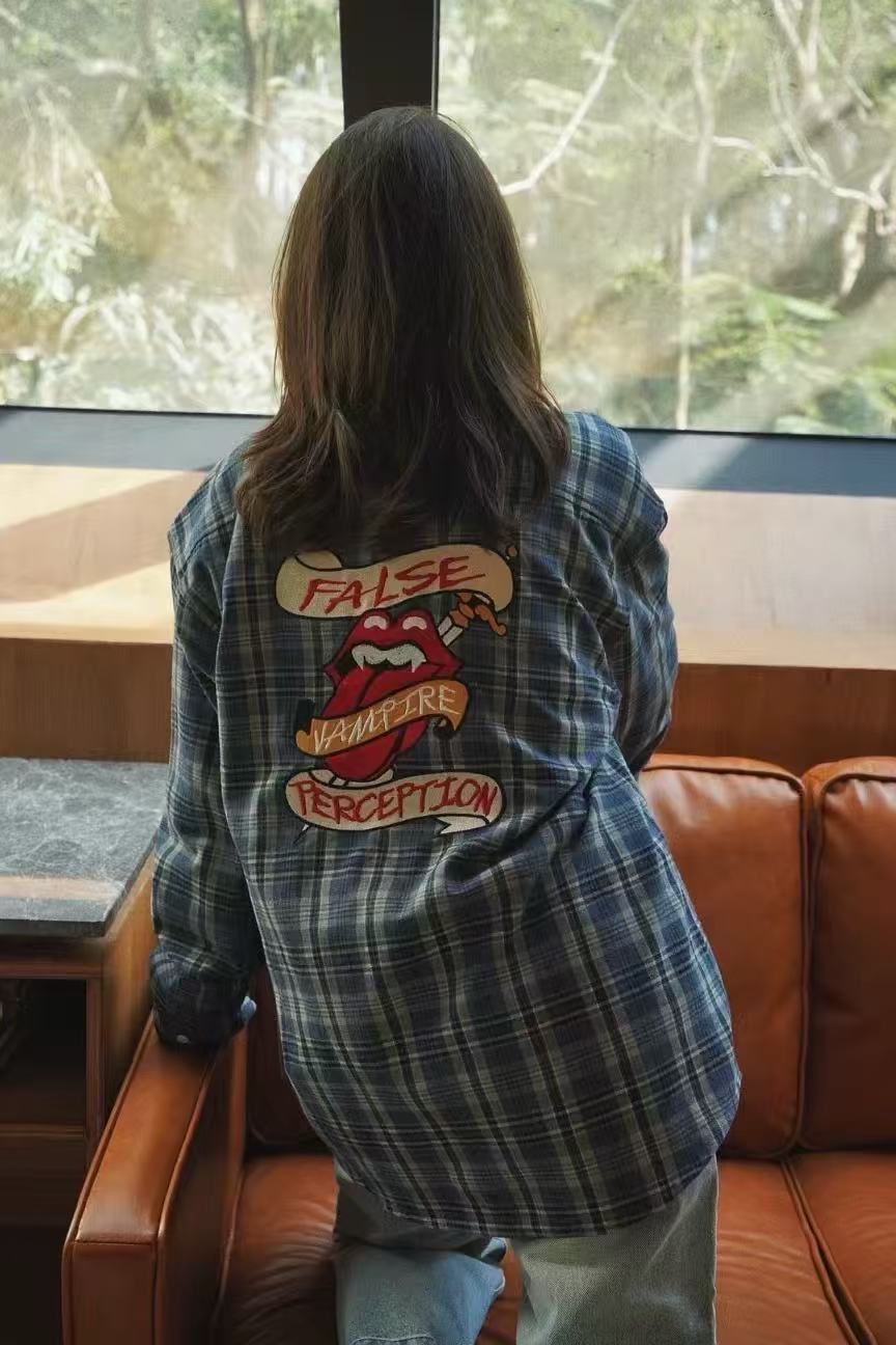 False Perception Vampire Tongue Blue Plaid Shirt