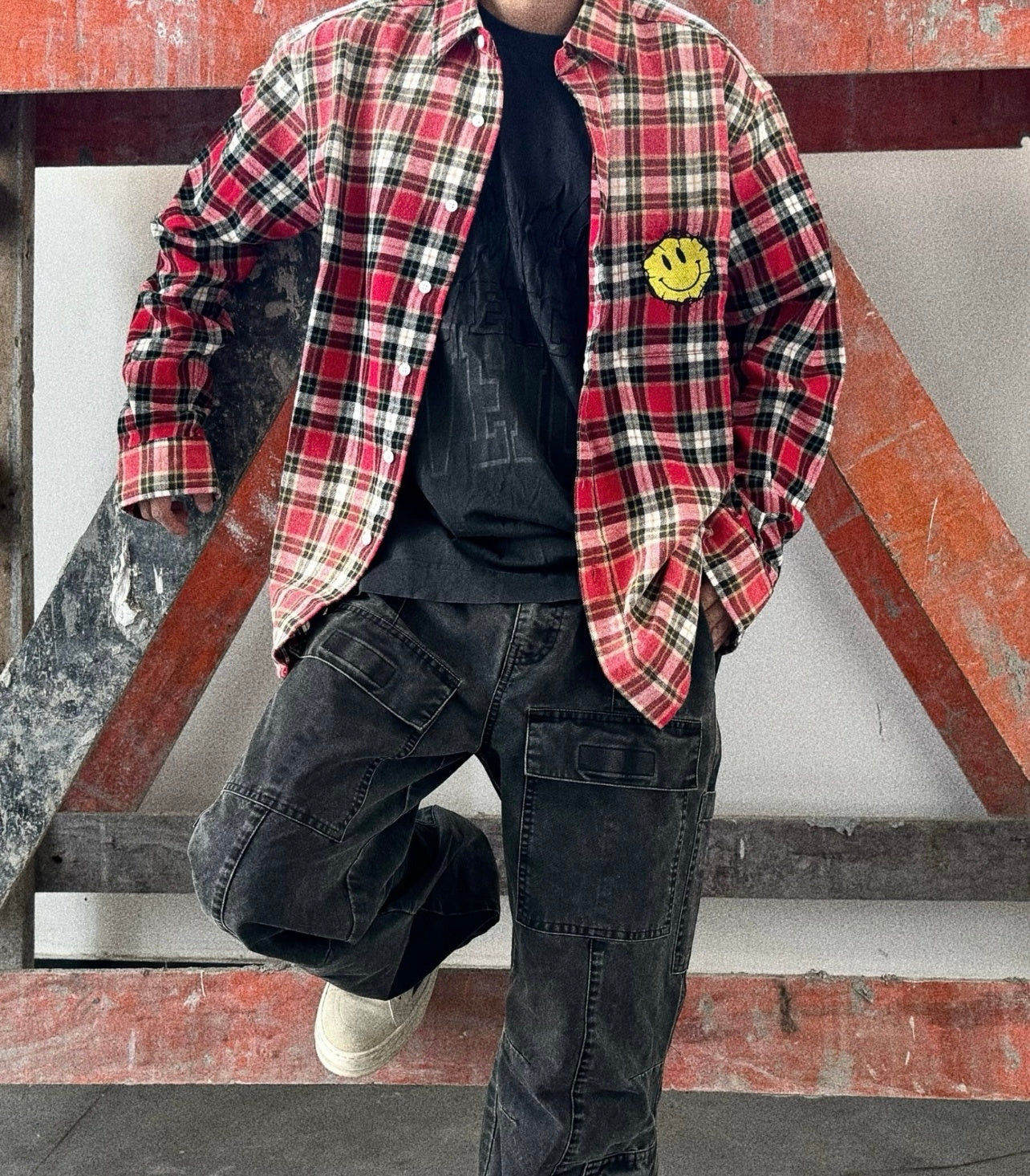 False Perception Smiley Red Plaid Shirt