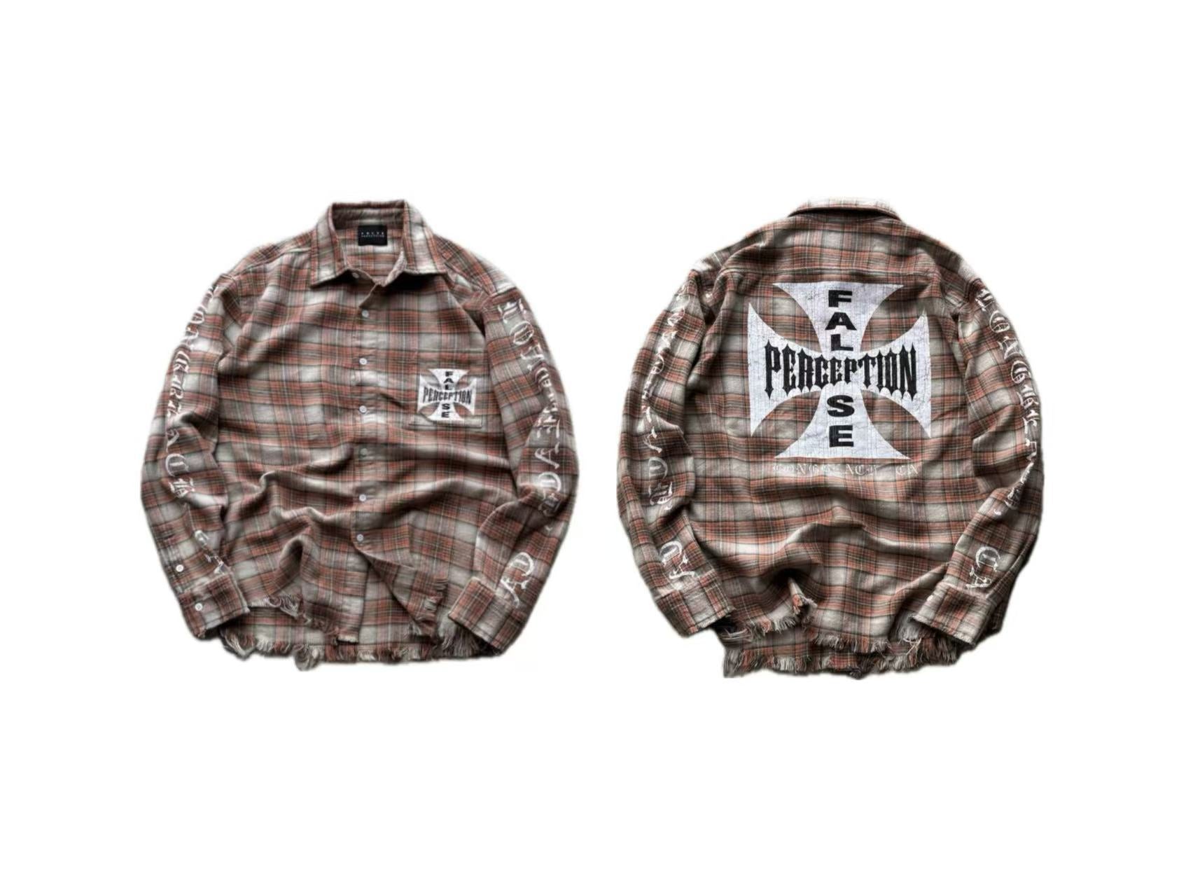 False Perception Cross Logo Brown Plaid Shirt