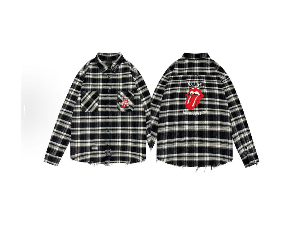 False Perception Tongue Logo Black‑White Plaid Shirt