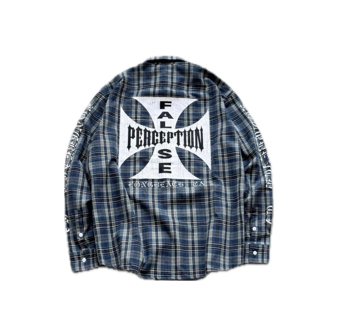 False Perception Cross Plaid Long‑Sleeve Shirt