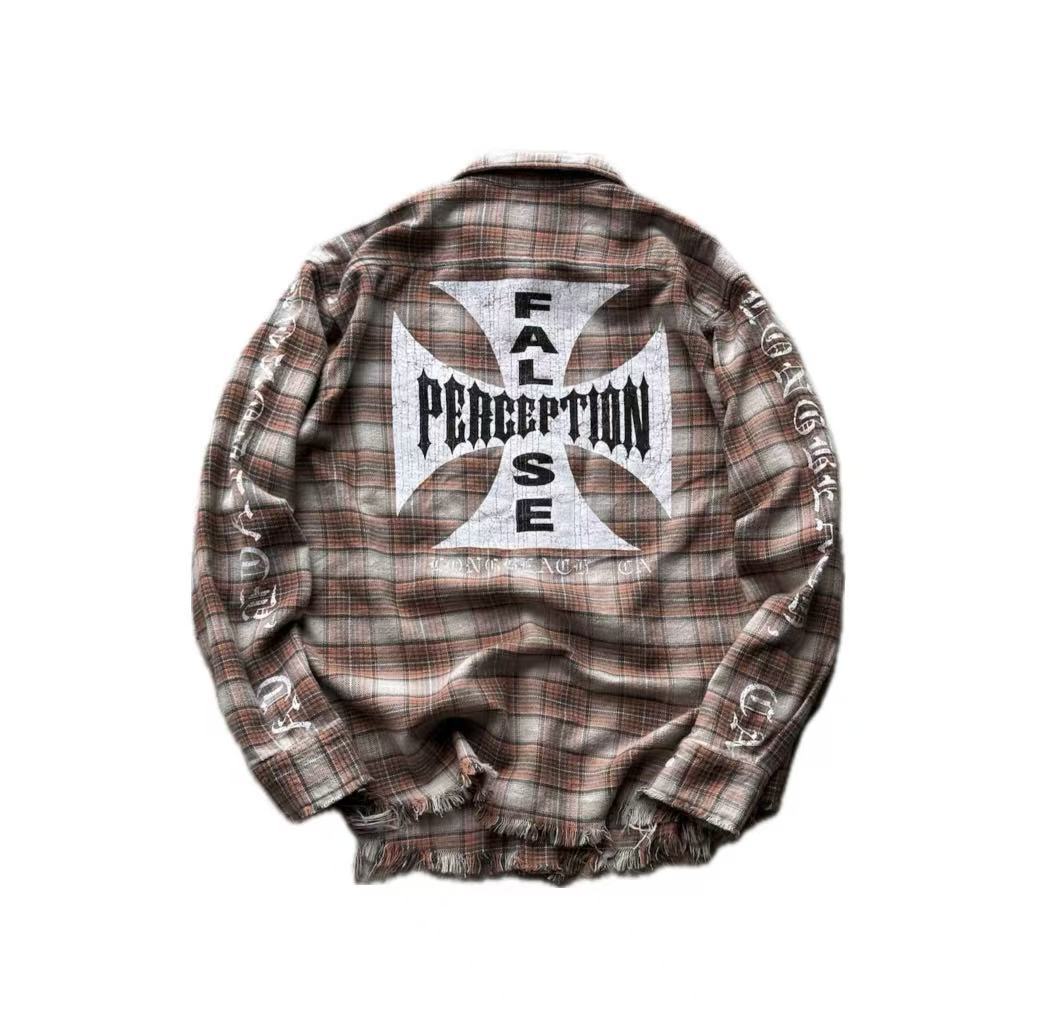 False Perception Cross Logo Brown Plaid Shirt