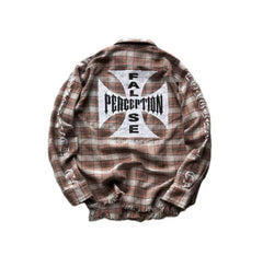 False Perception Cross Logo Brown Plaid Shirt