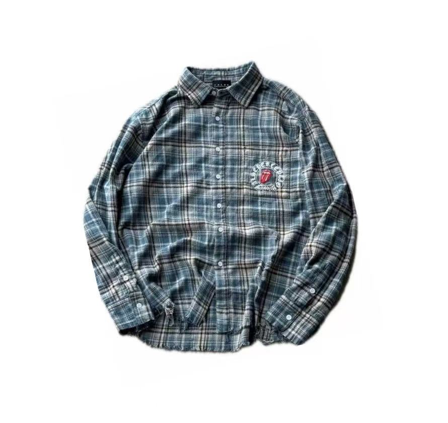 False Perception Tongue Logo Green Plaid Shirt