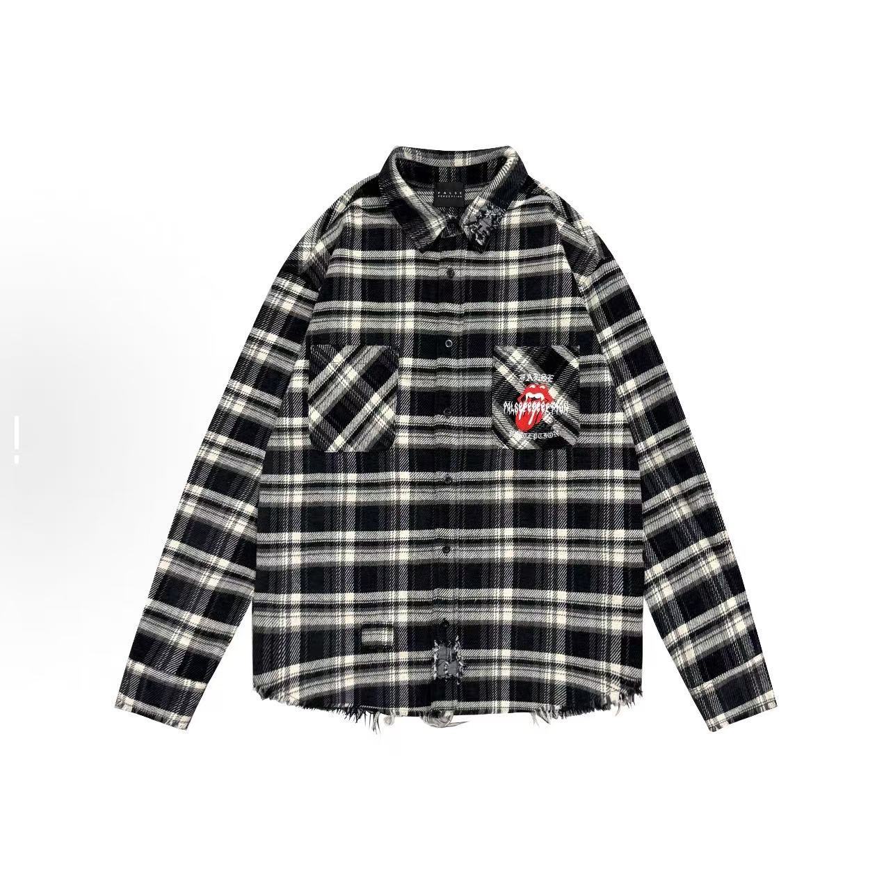 False Perception Tongue Logo Black‑White Plaid Shirt