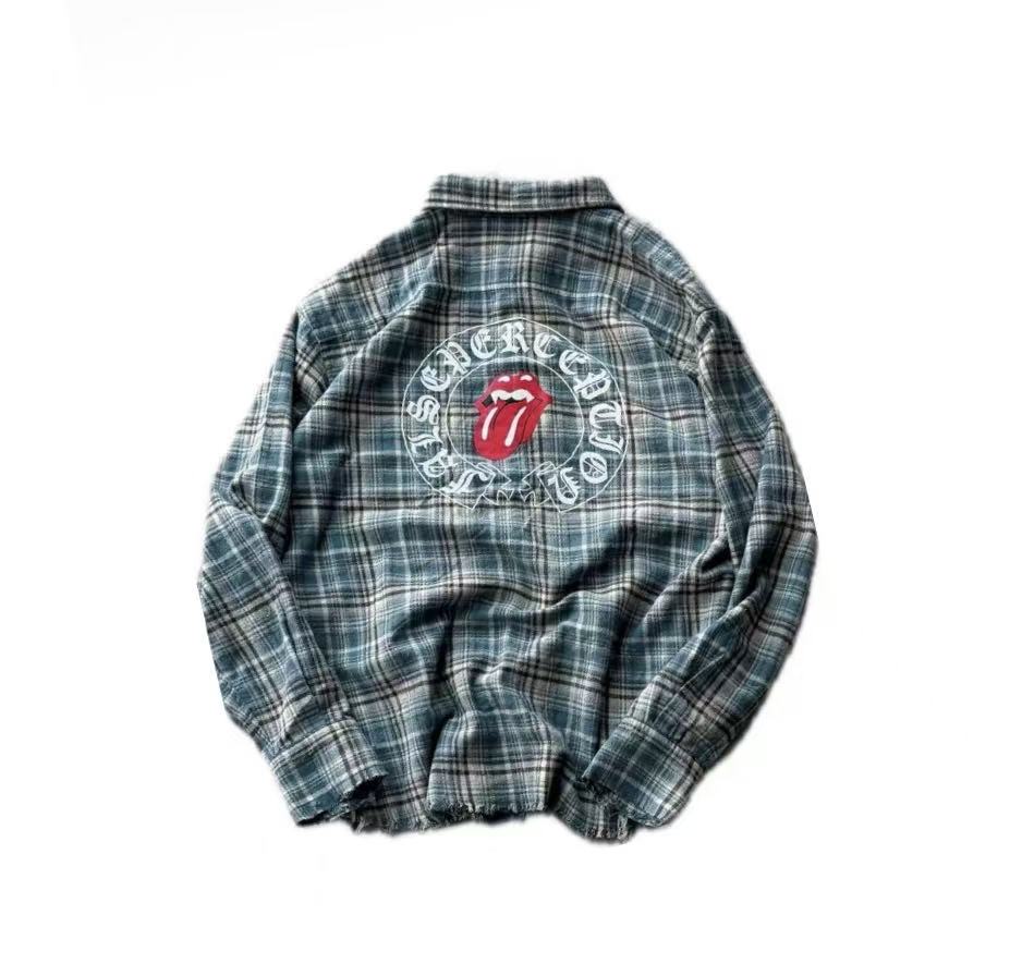 False Perception Tongue Logo Green Plaid Shirt