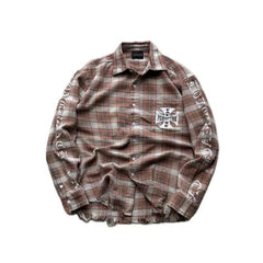 False Perception Cross Logo Brown Plaid Shirt