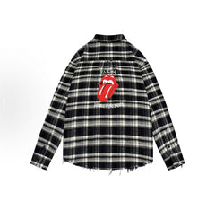 False Perception Tongue Logo Black‑White Plaid Shirt