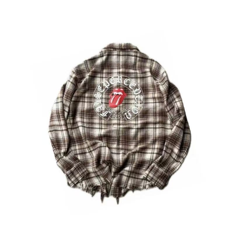False Perception Tongue Logo Green Plaid Shirt