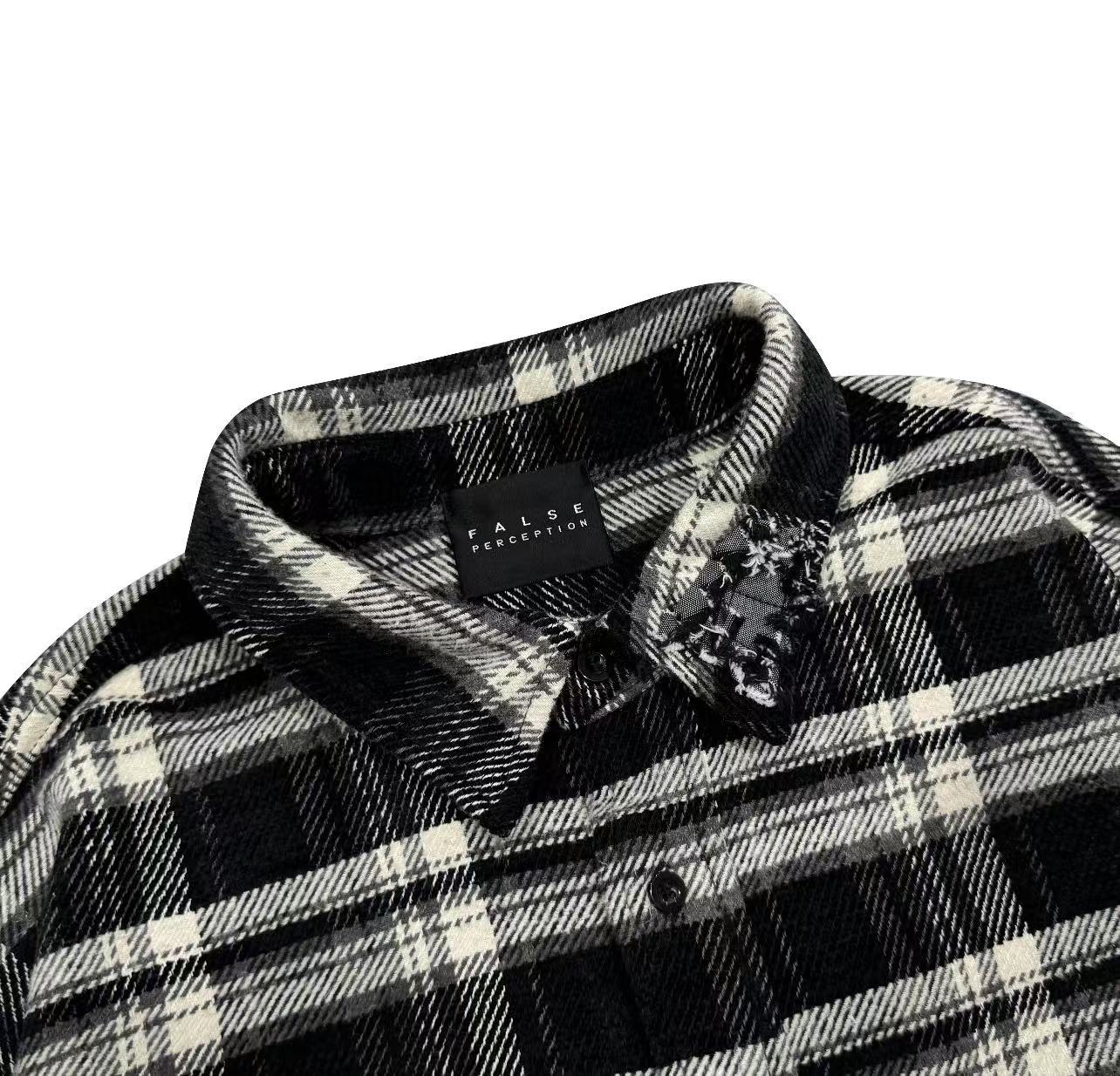 False Perception Tongue Logo Black‑White Plaid Shirt