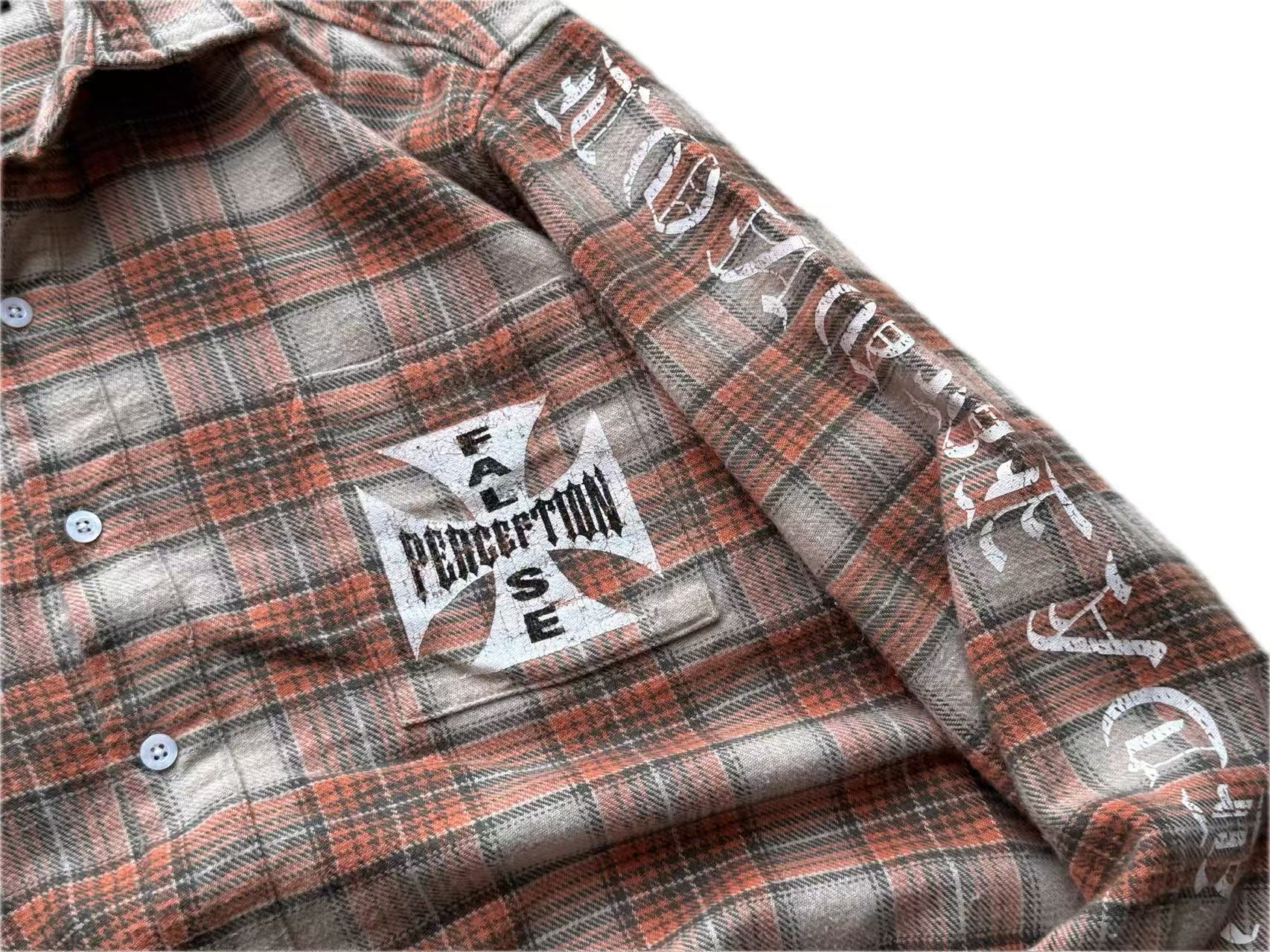 False Perception Cross Logo Brown Plaid Shirt