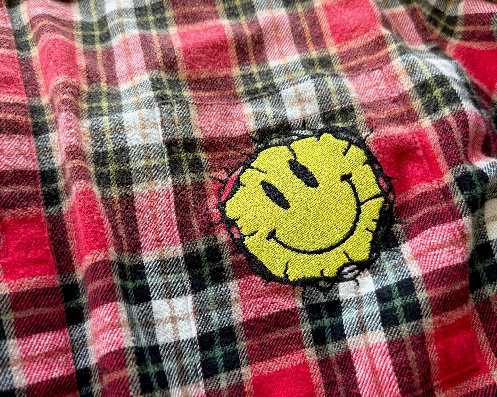 False Perception Smiley Red Plaid Shirt